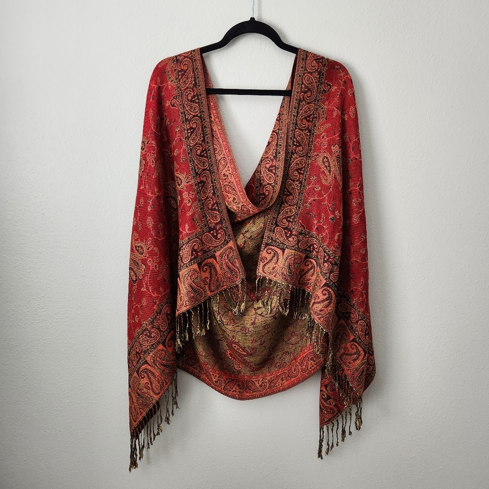 Beautiful Paisley Jewel Toned Reversible Scarf / Wrap With Fringe Trim - Picture 3 of 10